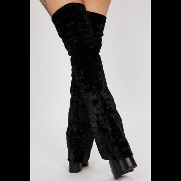 Unique Thigh High Black Velvet Fold over Skirted Chunky Heel Platform Boots - Picture 4 of 17